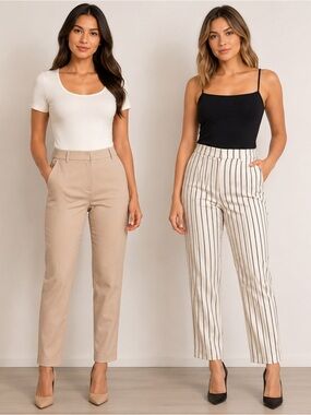 H&M Straight Leg Ankle Pants — Beige Solid & Cream Ivory Pinstripe